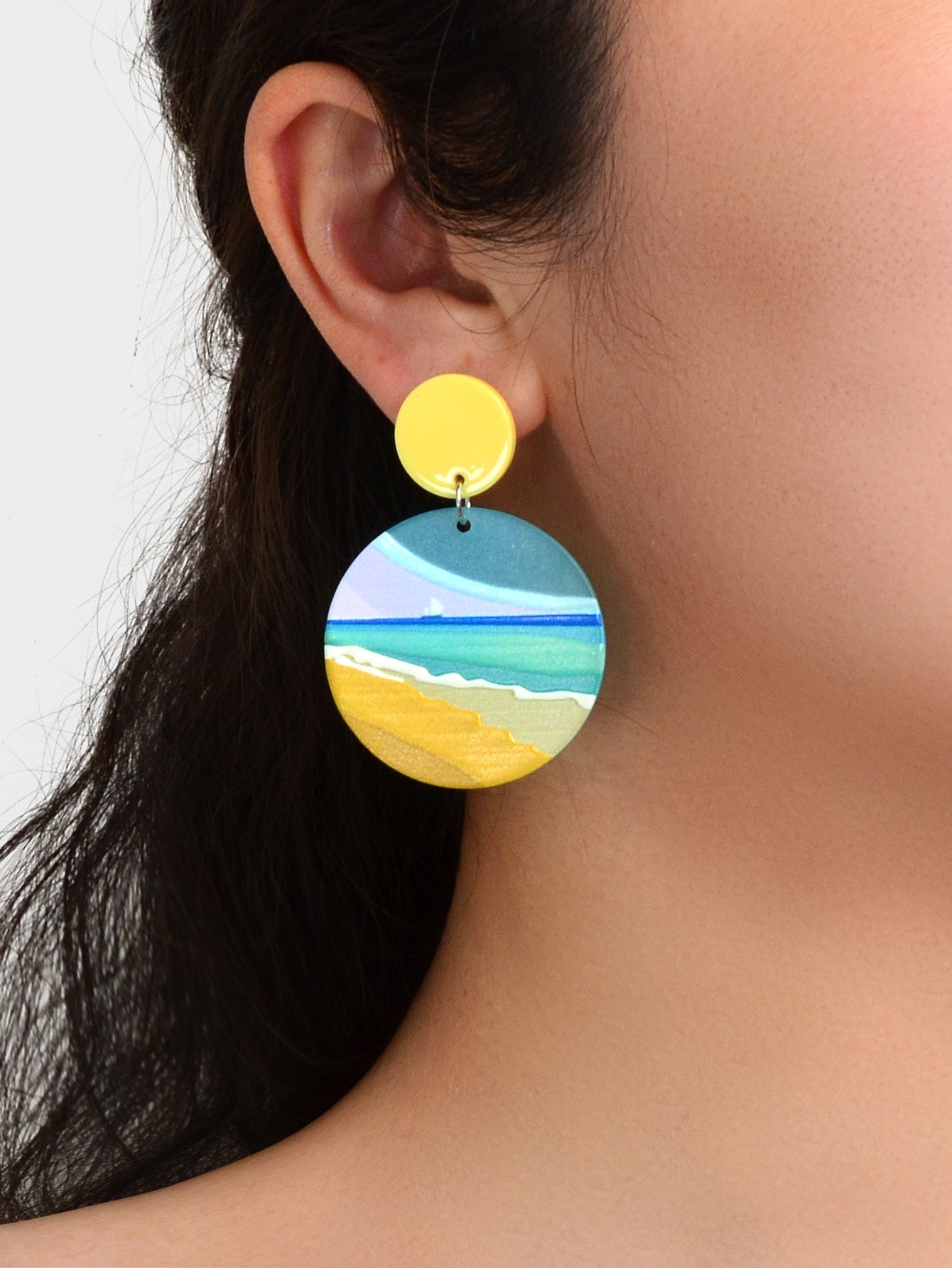 Summer Beach Vacation Jewelry Bohemian Resin Beach Pattern Round Dangle Earrings