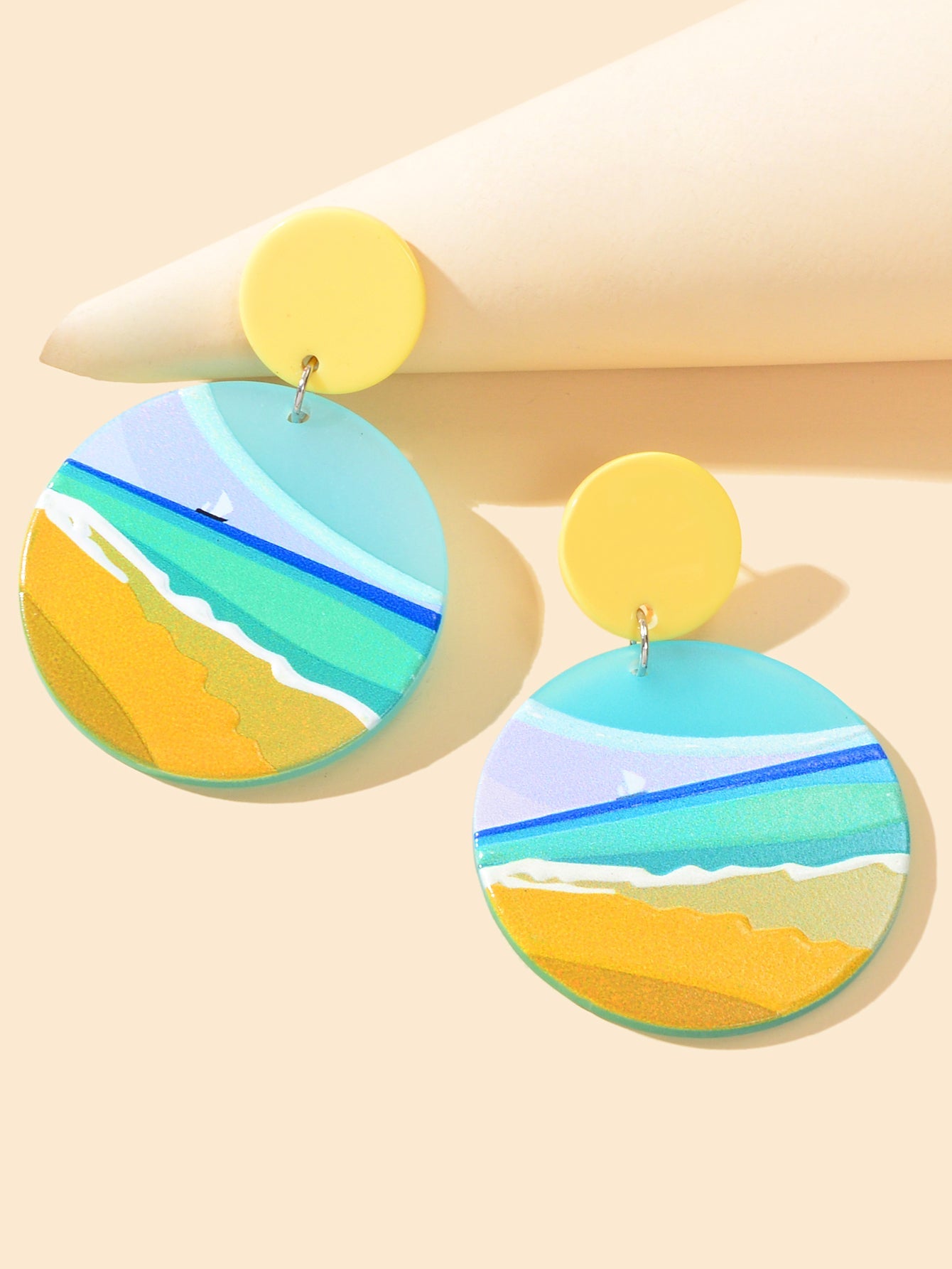 Summer Beach Vacation Jewelry Bohemian Resin Beach Pattern Round Dangle Earrings