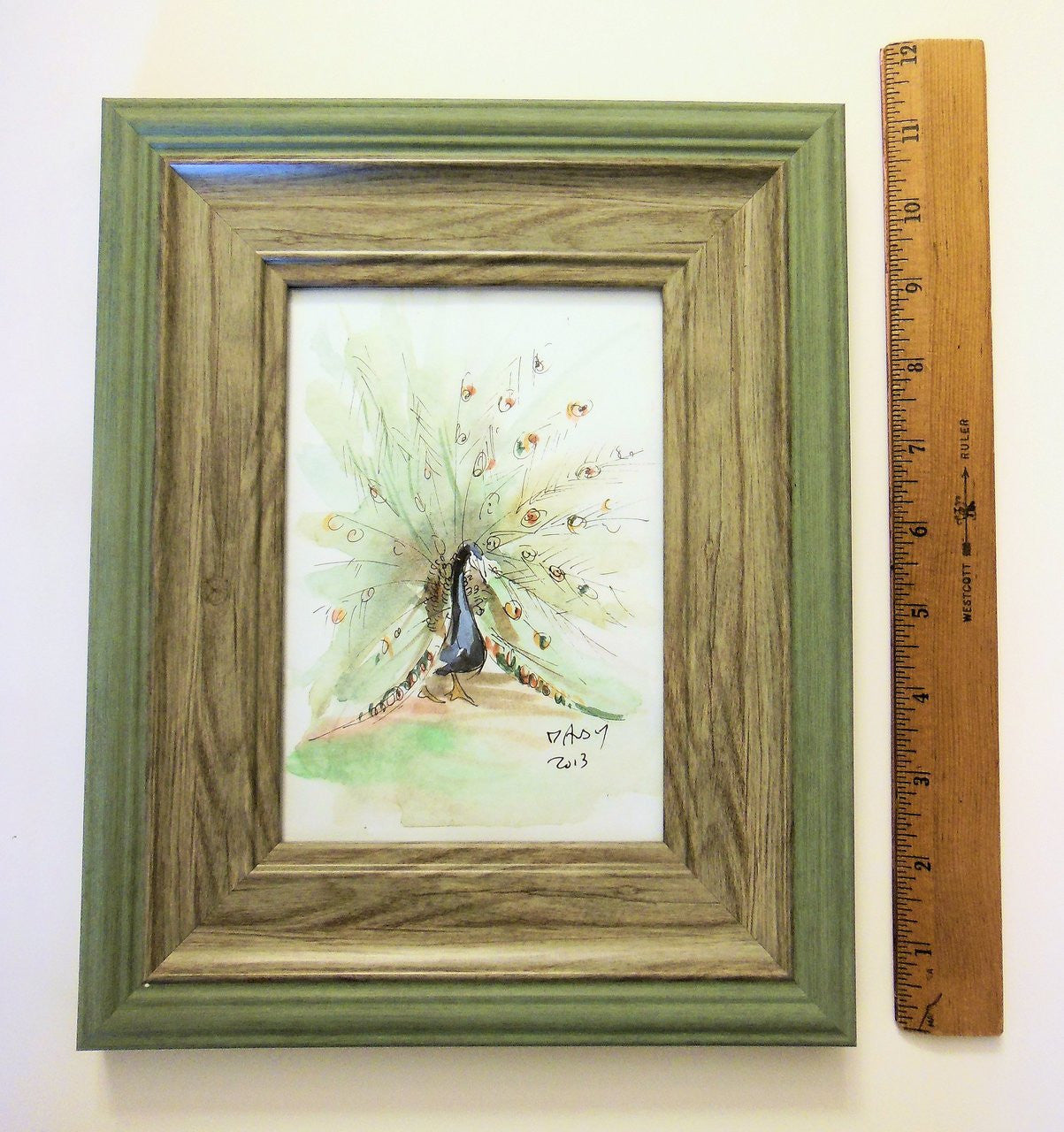 Watercolor Peacock from Zanzibar, Tanzania. Framed.-0