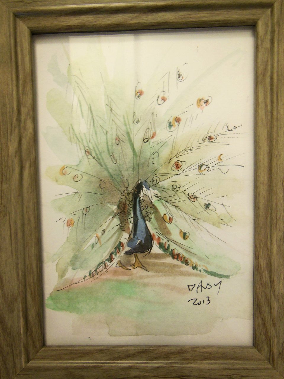Watercolor Peacock from Zanzibar, Tanzania. Framed.-4