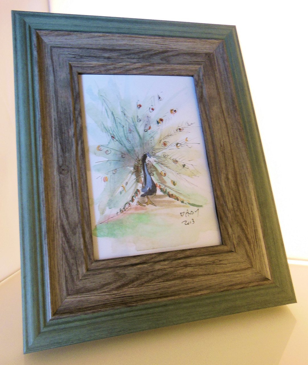 Watercolor Peacock from Zanzibar, Tanzania. Framed.-5