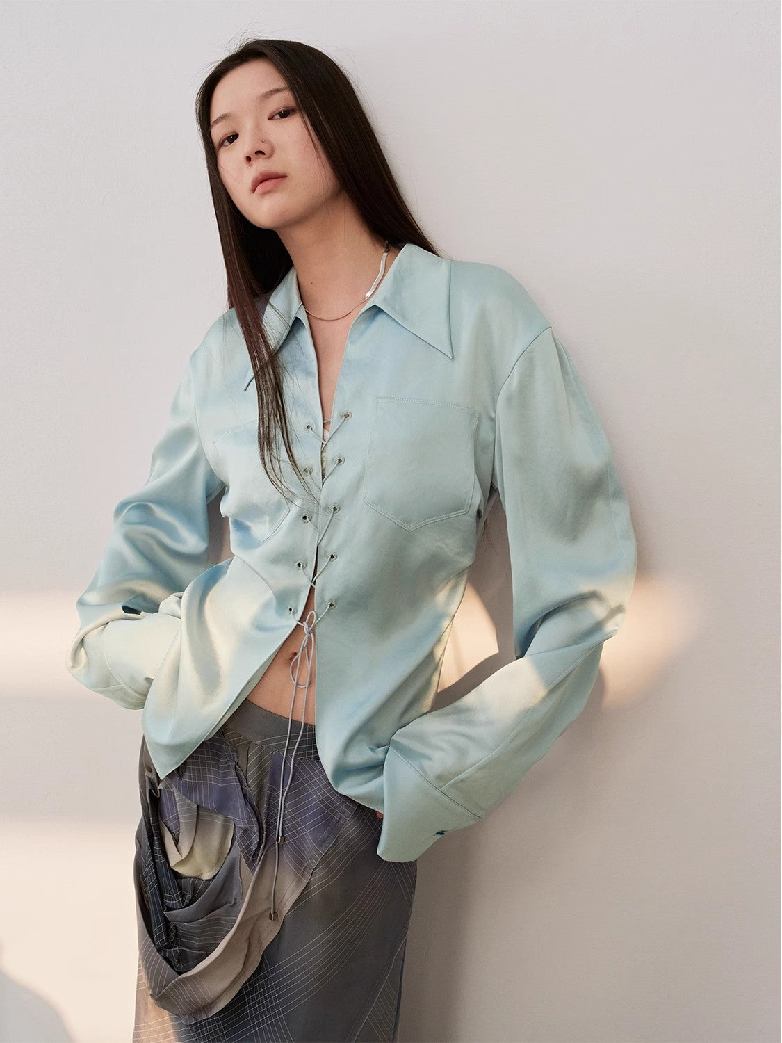 "Mercerized Spring Shadow" Acetate Shirt Women's Hollow String Pleated Slimming Long Sleeve Shirt-1