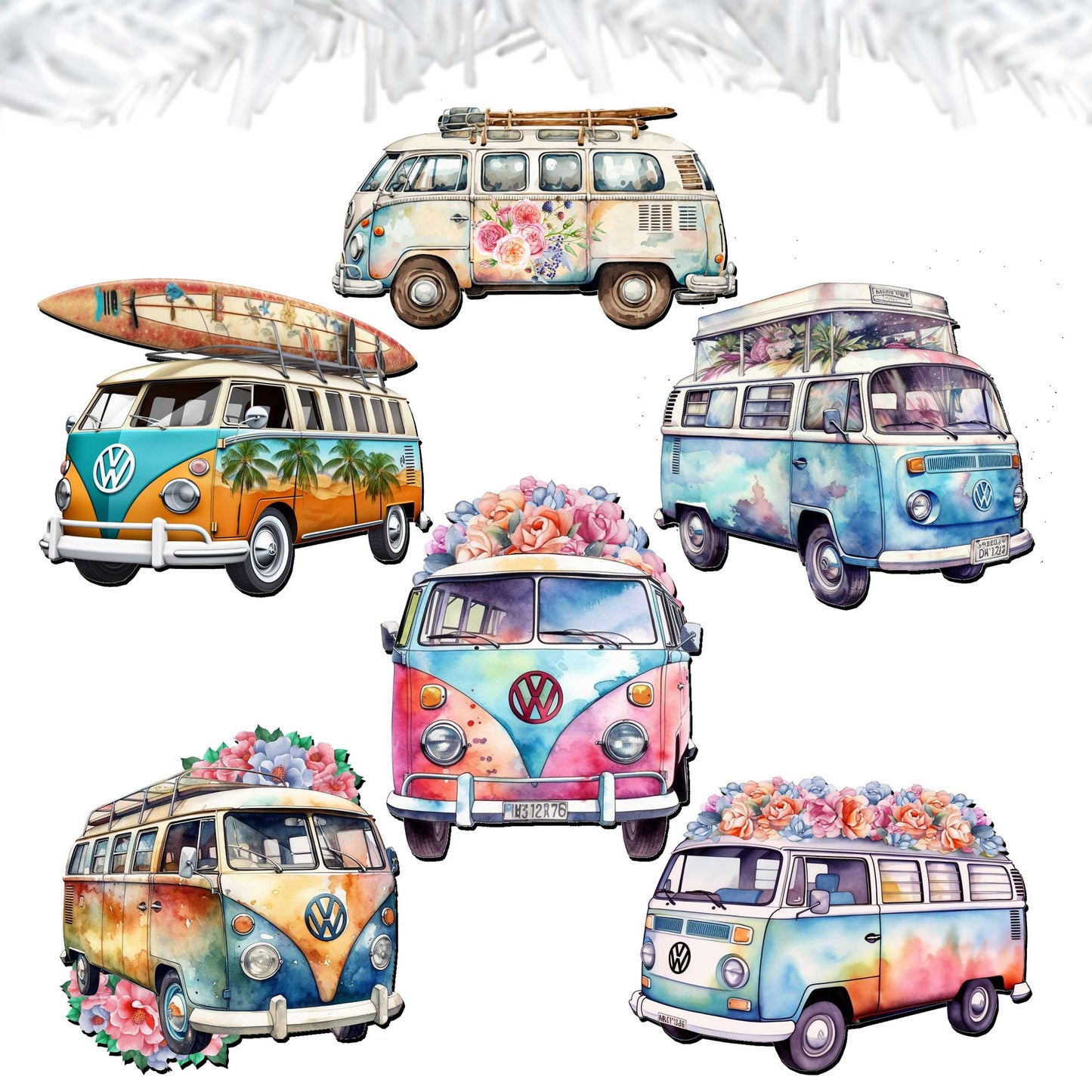 Surf Vans Decorative Wooden Clip-on Ornaments Set of 6 by G. Debrekht - Christmas Decor - 8090040C-S6