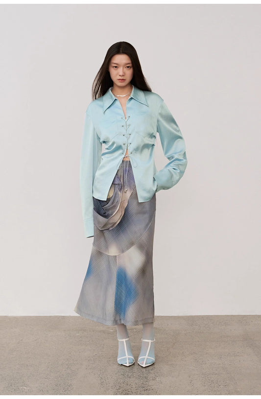 "Mercerized Spring Shadow" Acetate Shirt Women's Hollow String Pleated Slimming Long Sleeve Shirt-0