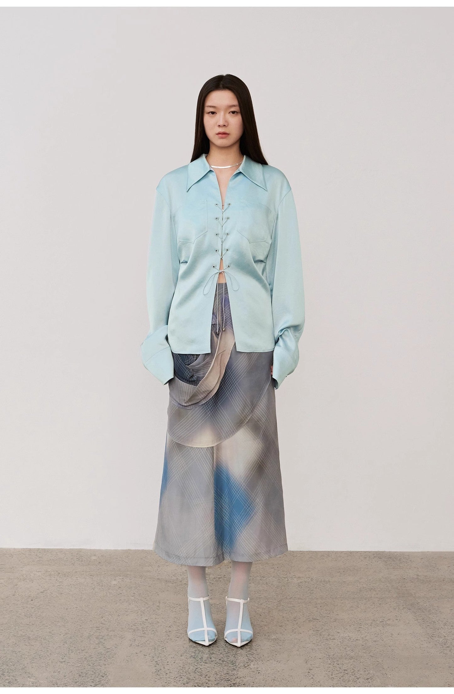 "Mercerized Spring Shadow" Acetate Shirt Women's Hollow String Pleated Slimming Long Sleeve Shirt-4