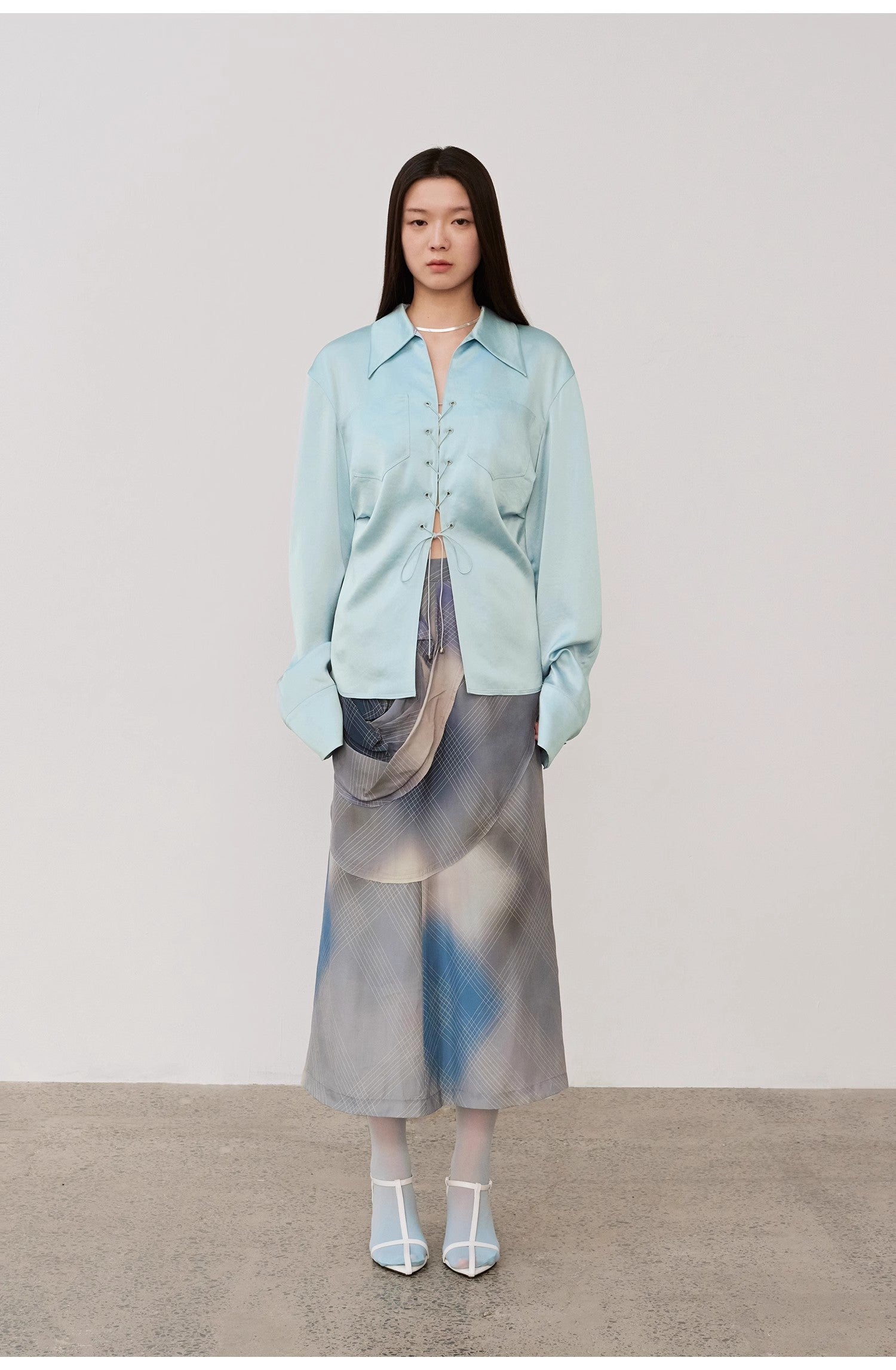 "Mercerized Spring Shadow" Acetate Shirt Women's Hollow String Pleated Slimming Long Sleeve Shirt-4
