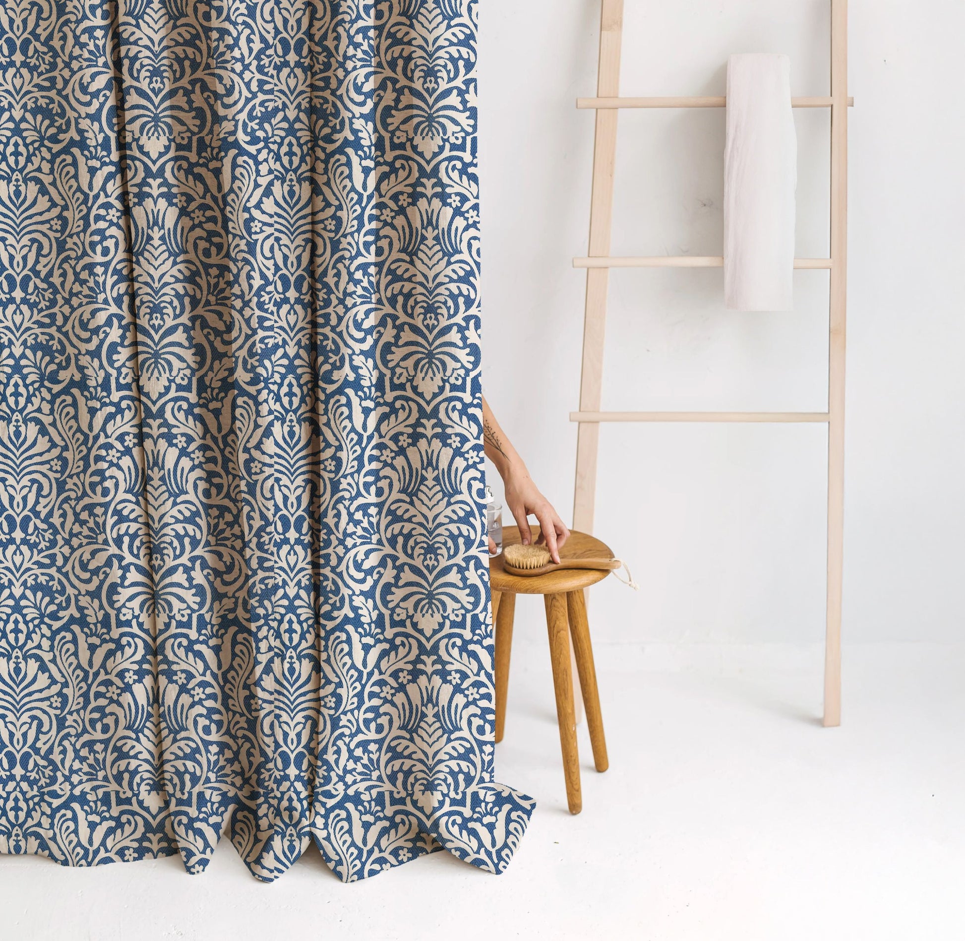 Hemp Eco-Printed Paisley Shower Curtain | Natural & Indigo | Waterproof & Sustainable | Eco Friendly Bath-3
