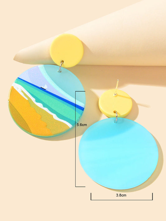 Summer Beach Vacation Jewelry Bohemian Resin Beach Pattern Round Dangle Earrings