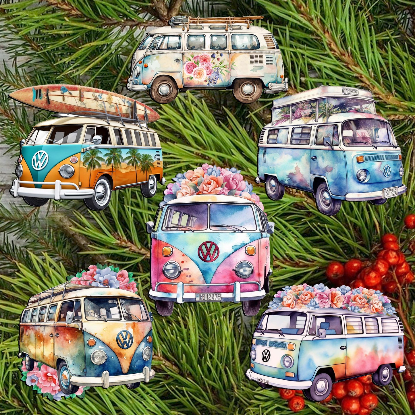 Surf Vans Decorative Wooden Clip-on Ornaments Set of 6 by G. Debrekht - Christmas Decor - 8090040C-S6