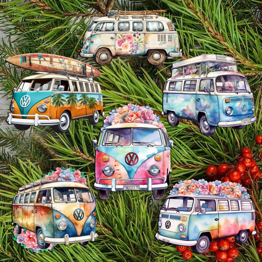 Surf Vans Decorative Wooden Clip-on Ornaments Set of 6 by G. Debrekht - Christmas Decor - 8090040C-S6