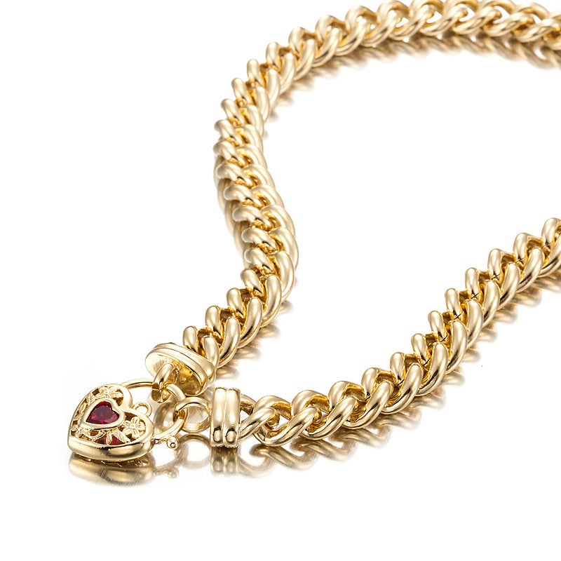 18ct Heavy Yellow Gold Plated Euro Chain Necklace with a Filigree Locket Featuring a Simulated Ruby - USA Made-1