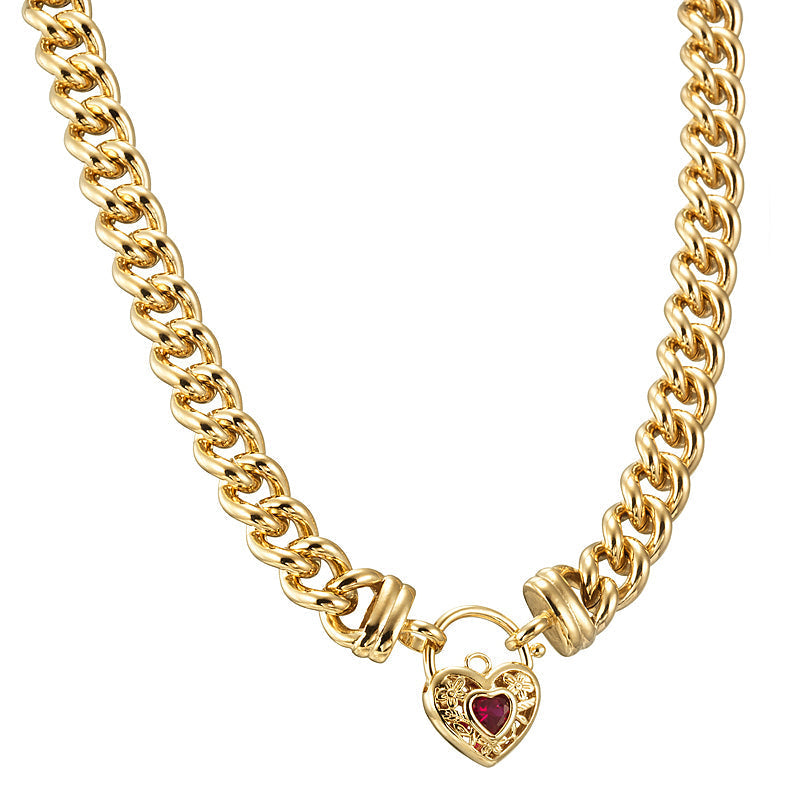 18ct Heavy Yellow Gold Plated Euro Chain Necklace with a Filigree Locket Featuring a Simulated Ruby - USA Made-2