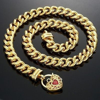 18ct Heavy Yellow Gold Plated Euro Chain Necklace with a Filigree Locket Featuring a Simulated Ruby - USA Made-3