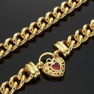 18ct Heavy Yellow Gold Plated Euro Chain Necklace with a Filigree Locket Featuring a Simulated Ruby - USA Made-4