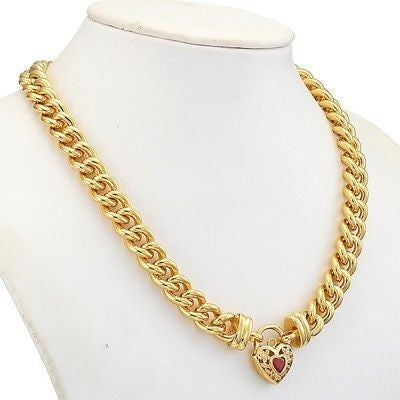 18ct Heavy Yellow Gold Plated Euro Chain Necklace with a Filigree Locket Featuring a Simulated Ruby - USA Made-0