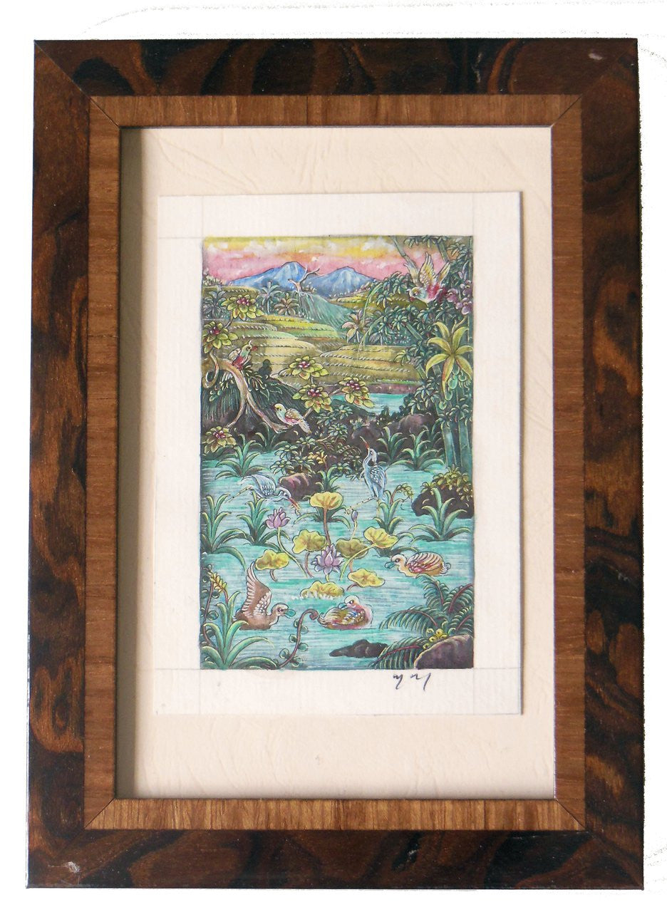 Colorful imaginary landscape from Bali, in Italian wood frame. Pen and ink-4