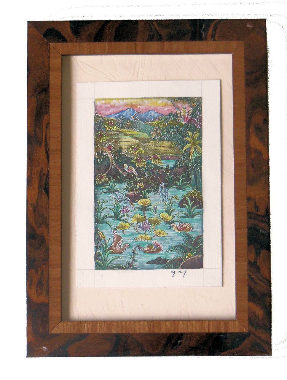 Colorful imaginary landscape from Bali, in Italian wood frame. Pen and ink-1