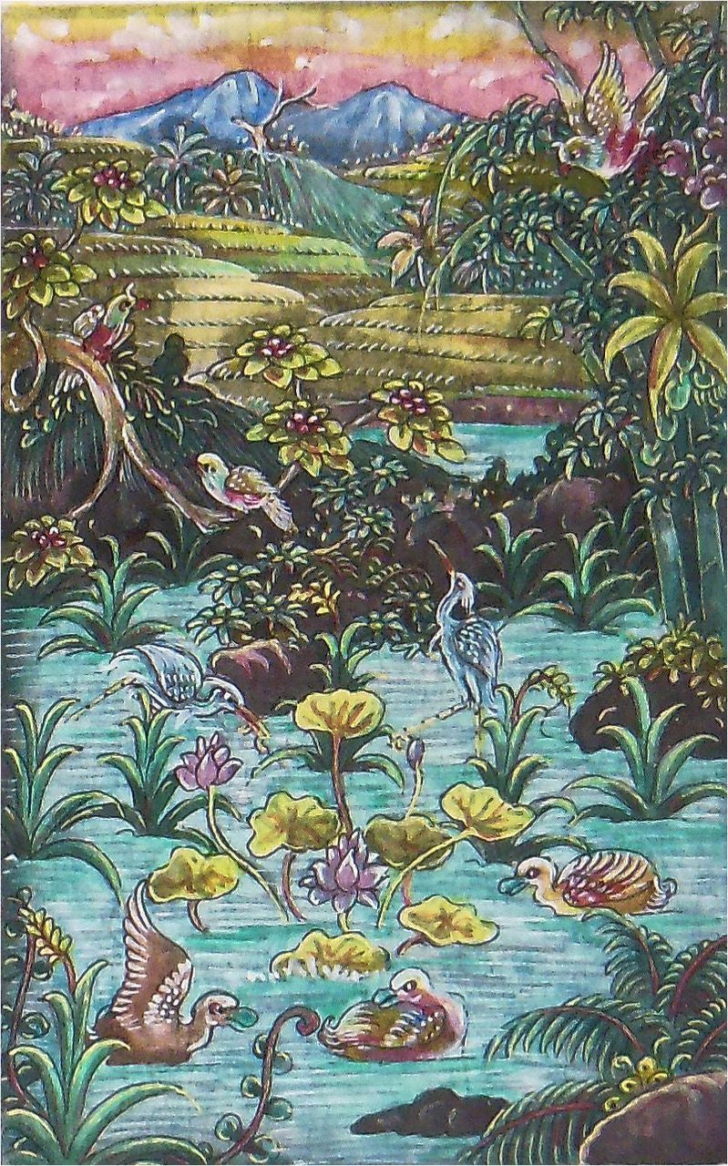 Colorful imaginary landscape from Bali, in Italian wood frame. Pen and ink-0