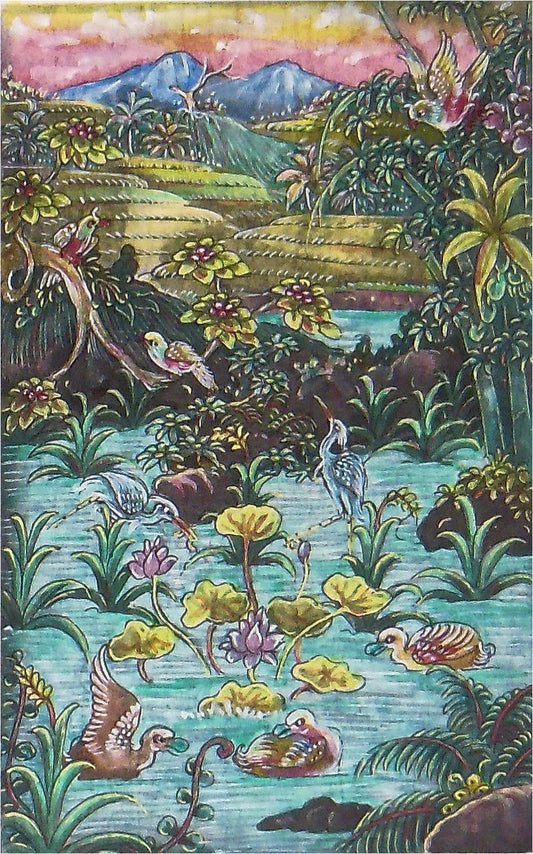 Colorful imaginary landscape from Bali, in Italian wood frame. Pen and ink-0