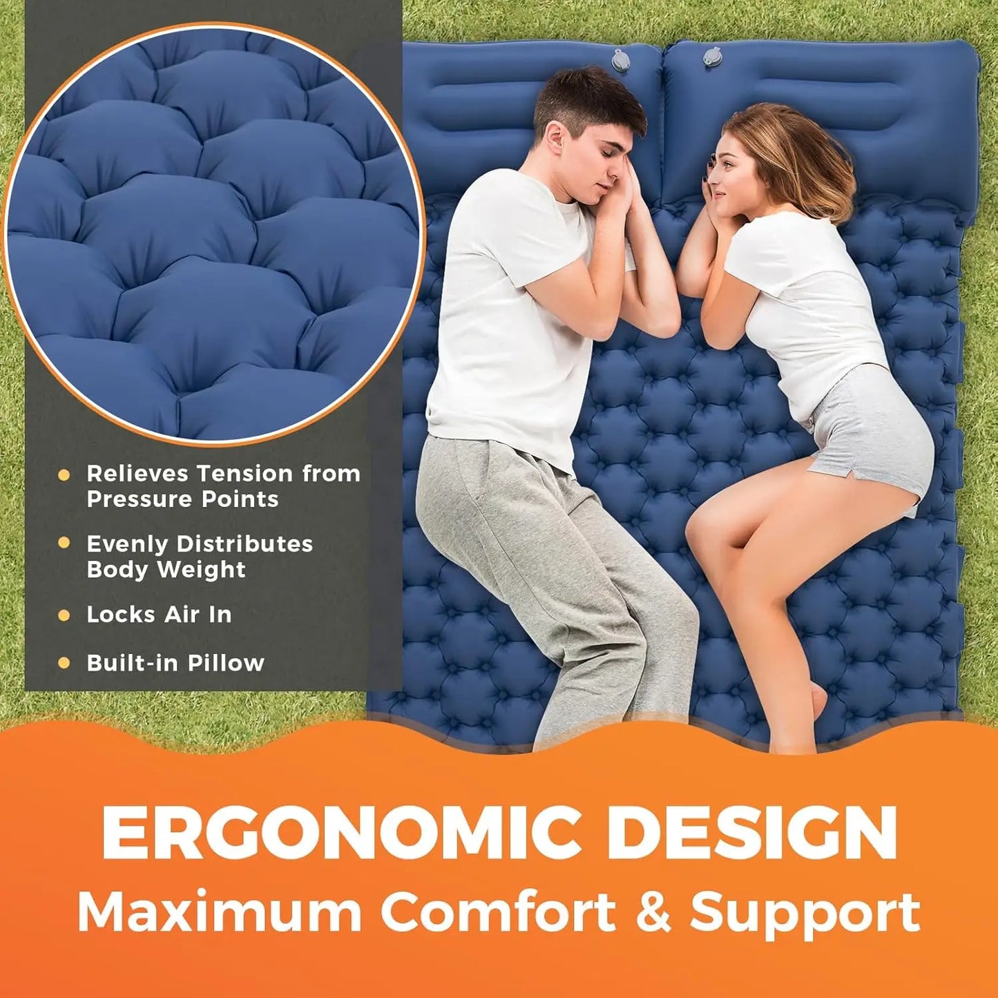 Double Sleeping Pad Inflatable Camping Navy Blue-3