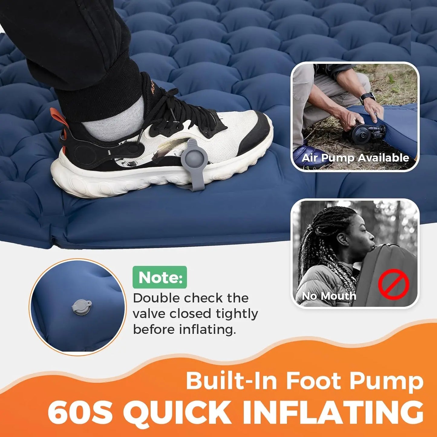Double Sleeping Pad Inflatable Camping Navy Blue-2