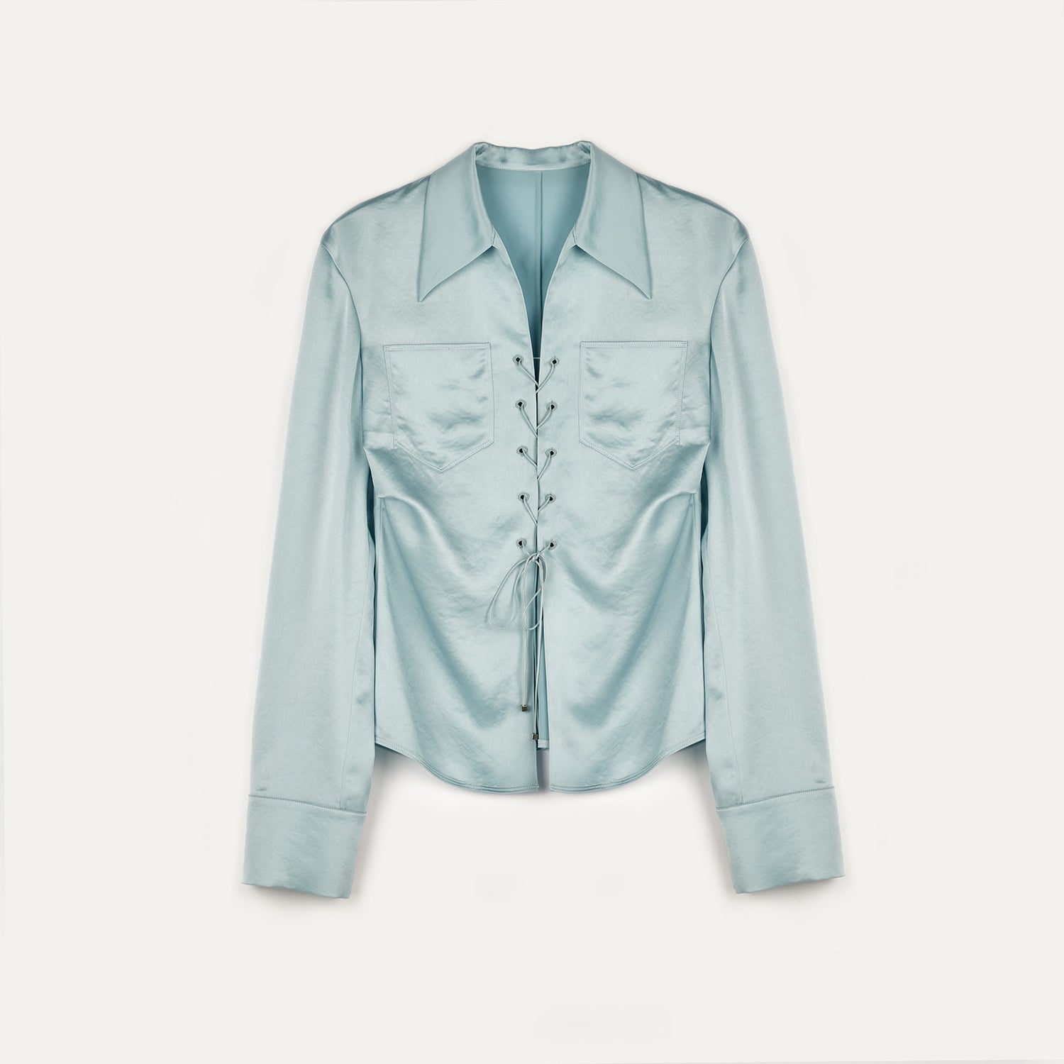 "Mercerized Spring Shadow" Acetate Shirt Women's Hollow String Pleated Slimming Long Sleeve Shirt-5