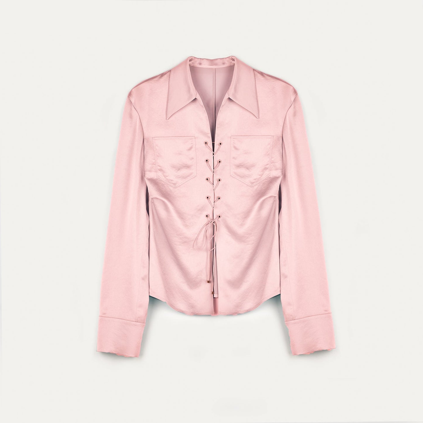 "Mercerized Spring Shadow" Acetate Shirt Women's Hollow String Pleated Slimming Long Sleeve Shirt-7