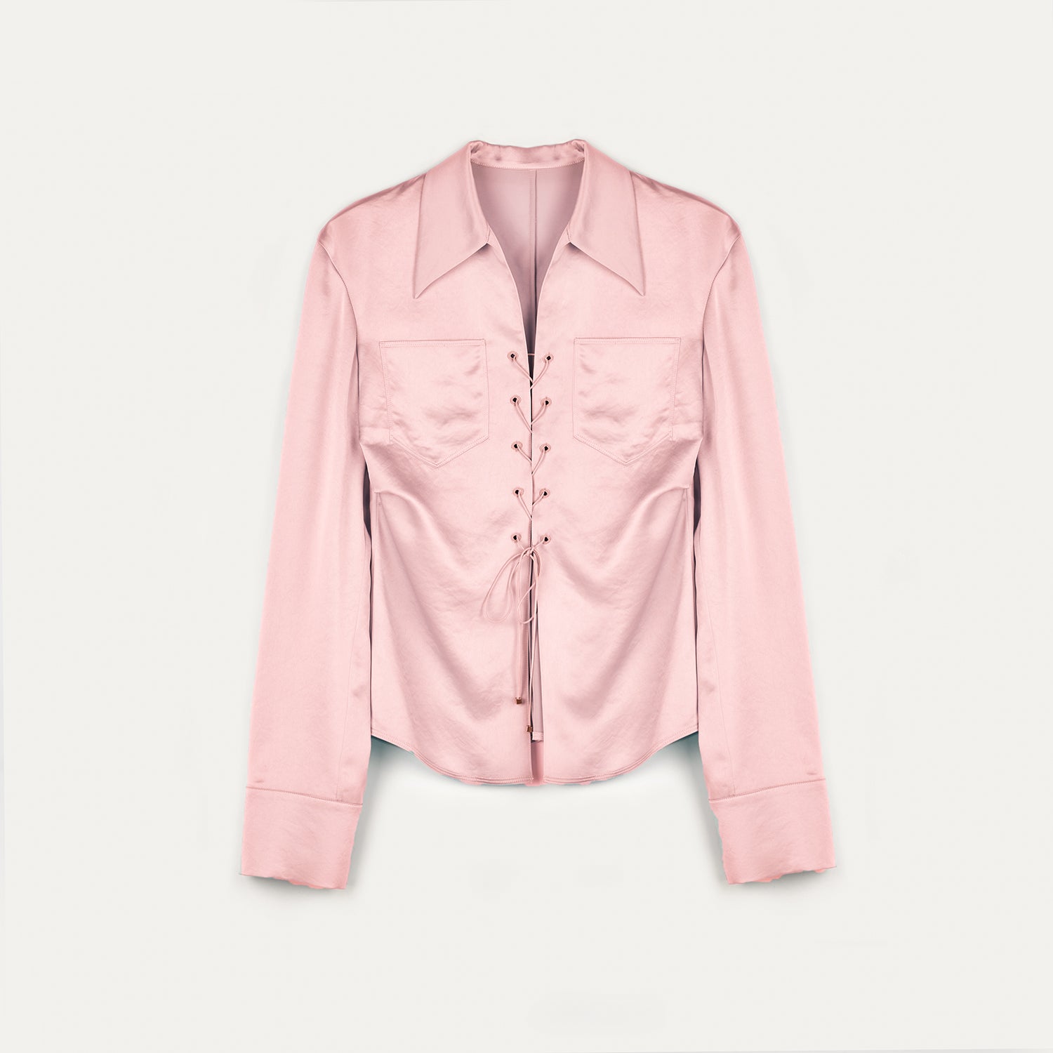 "Mercerized Spring Shadow" Acetate Shirt Women's Hollow String Pleated Slimming Long Sleeve Shirt-7