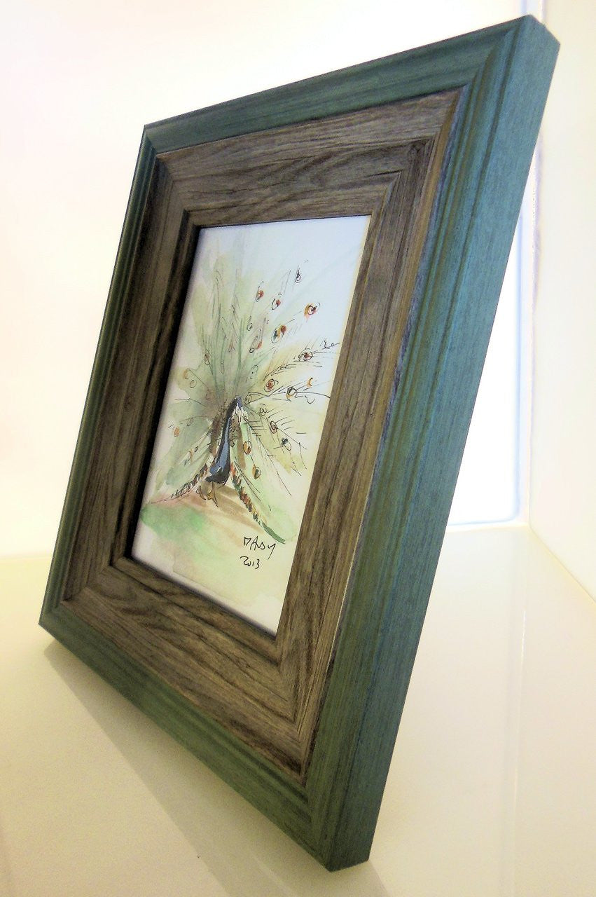 Watercolor Peacock from Zanzibar, Tanzania.  Framed.-8