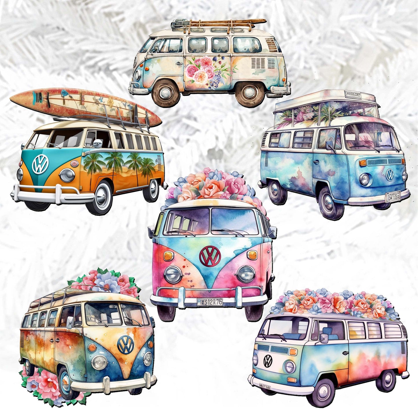 Surf Vans Decorative Wooden Clip-on Ornaments Set of 6 by G. Debrekht - Christmas Decor - 8090040C-S6