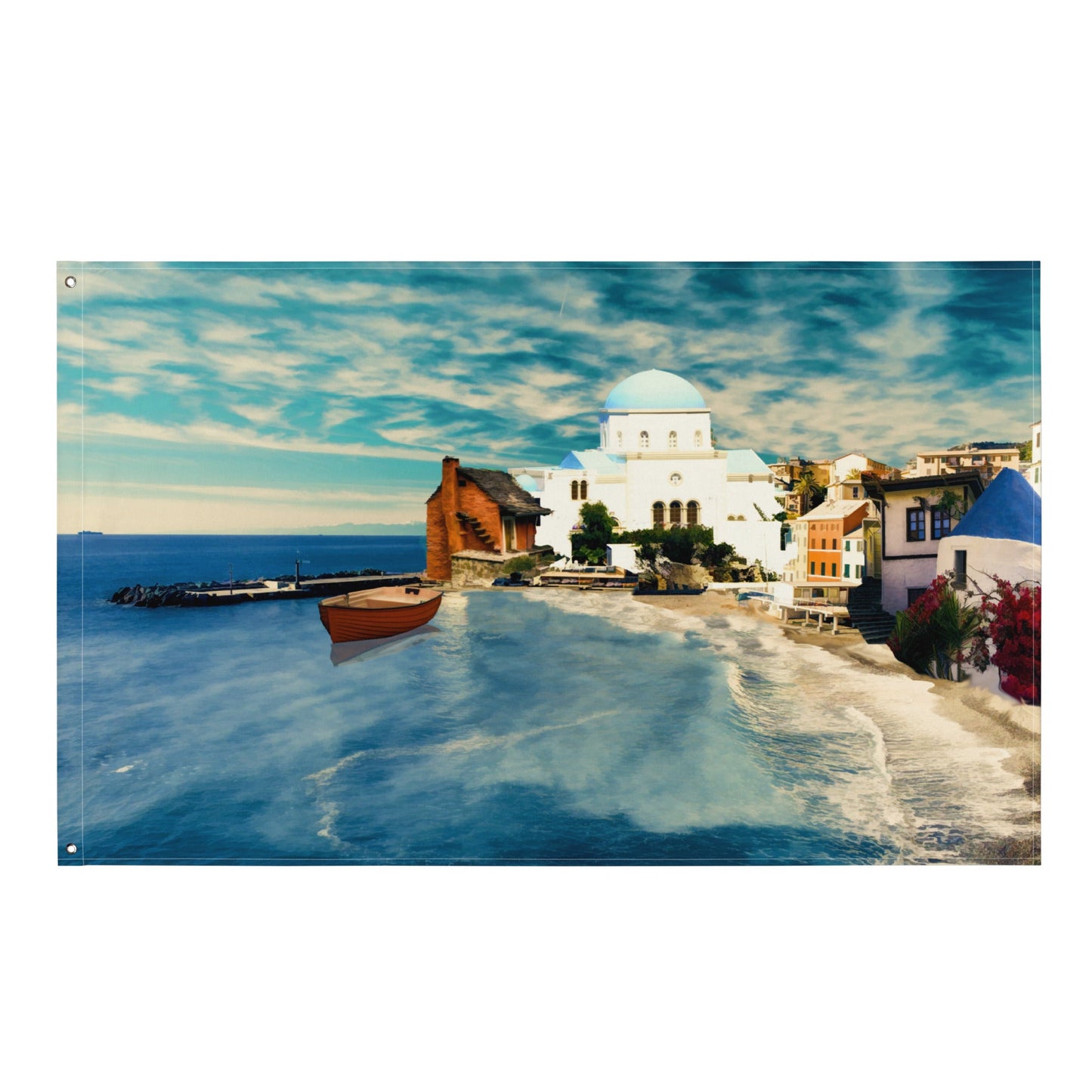 Santorini Beach Painting Flag Tapestry