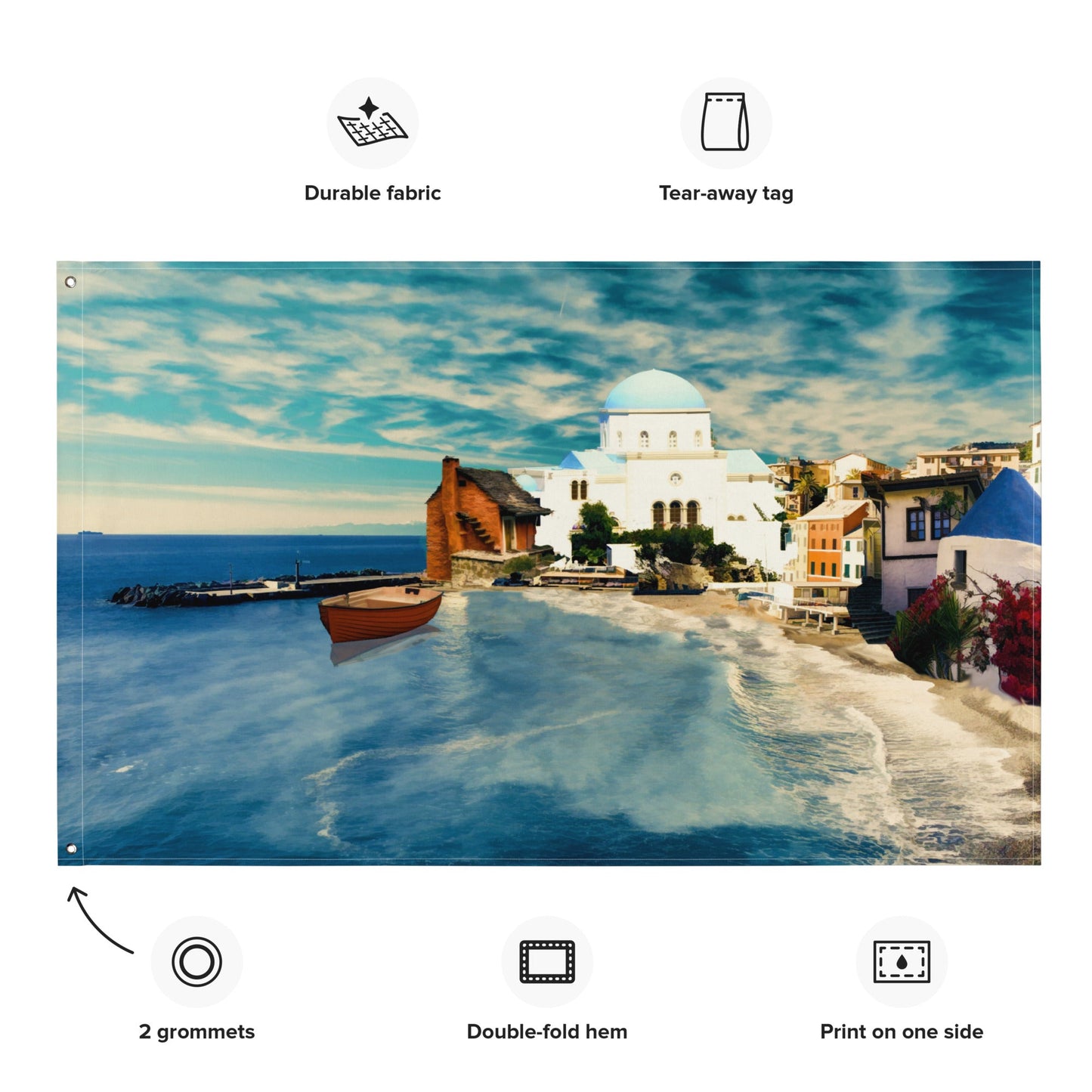 Santorini Beach Painting Flag Tapestry