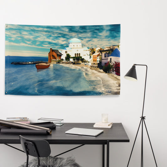 Santorini Beach Painting Flag Tapestry