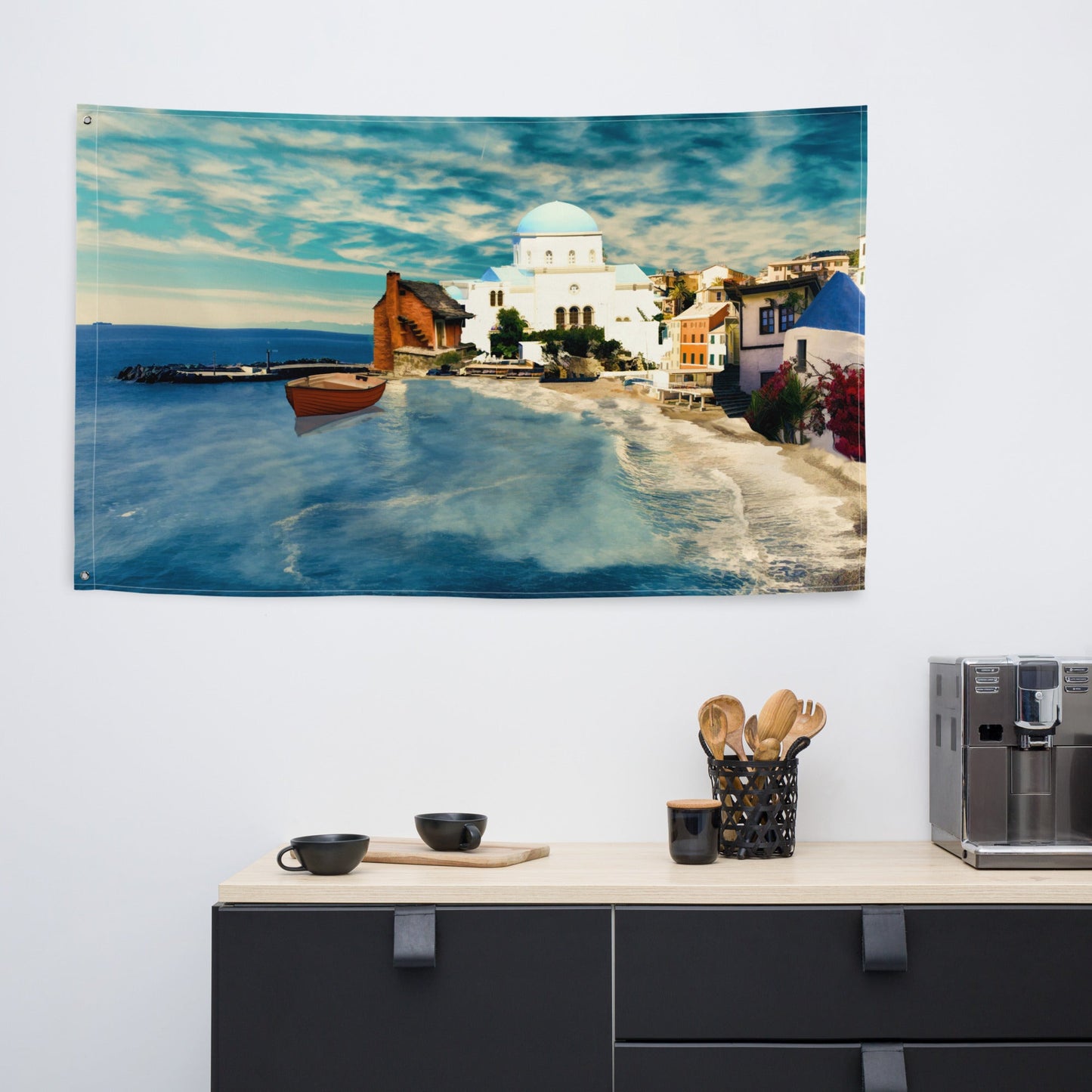 Santorini Beach Painting Flag Tapestry