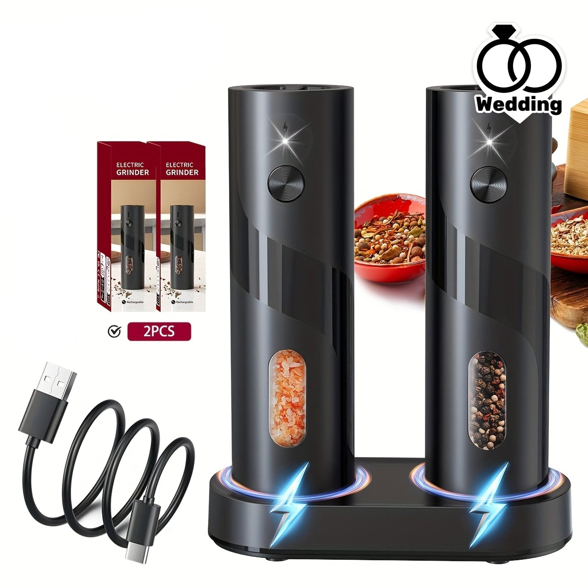 Electric Salt & Pepper Grinder Set with Charging Base (2 pcs)-1