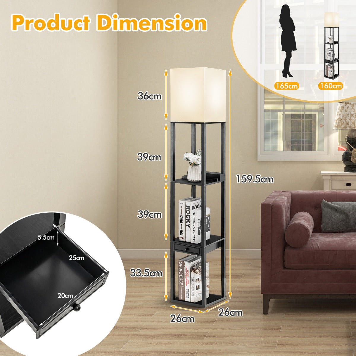 NNECW Modern Shelf Floor Lamp with 1 Drawer & 1 USB Port-3