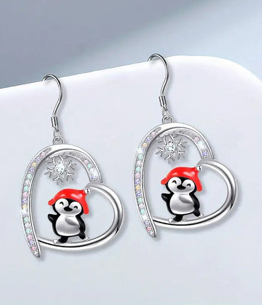 CHRISTMAS THEME EPOXY PENGUIN HEART EARRING-0